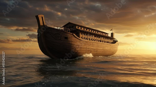 Majestic wooden vessel navigating seascape at golden hour