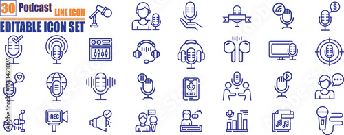 Podcast icon collection.  Set of 30 outline icons related to podcast, microphone, podcasting, record, audio, broadcasting, studio and others. Editable stroke. Vector illustration.