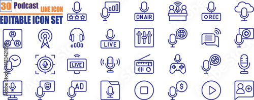 Podcast icon collection.  Set of 30 outline icons related to podcast, microphone, podcasting, record, audio, broadcasting, studio and others. Editable stroke. Vector illustration.