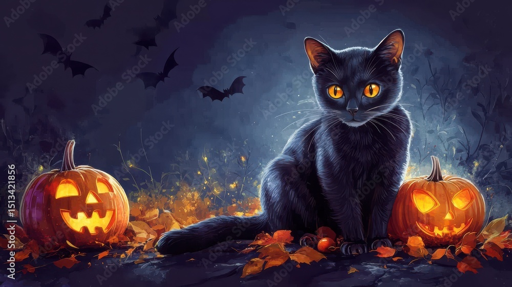 Halloween banner with tradition symbols. Black cat illustration. Generated AI Halloween banner with tradition symbols. Black cat illustration. Generated AI