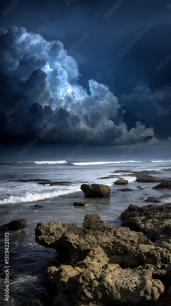 Fototapeta premium Dramatic Ocean Scene with Dark Clouds and Rocky Shore. A stunning coastal landscape under a brooding, stormy sky.