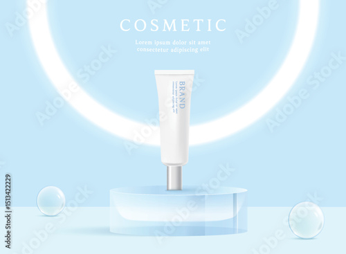 Cosmetic product ads template on blue background with glass platform.