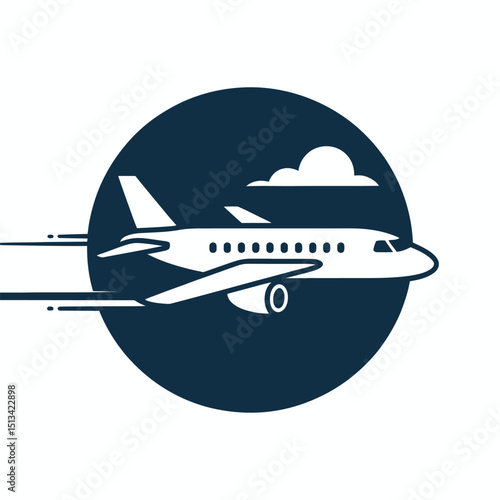 Commercial Airplane Flying in Clear Sky with Cloud Silhouette Inside Circular Icon for Travel and Aviation Industry