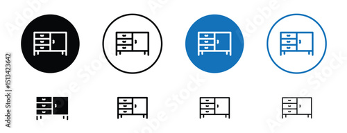 Set of colored pixel perfect Credenza icon with 1 unexpanded, 1 silhouette,  A furniture icon showing a sideboard or credenza with drawers and cabinet doors. 