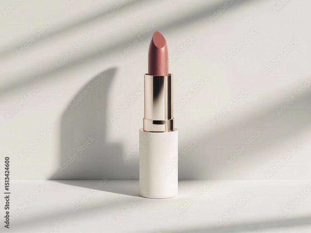 Minimalist Nude Pink Lipstick in Elegant White and Gold Tube – Luxury Beauty Product Presentation on Neutral Background with Soft Shadows for Skincare and Makeup Advertising Minimalist Nude Pink Lipstick in Elegant White and Gold Tube – Luxury Beauty Product Presentation on Neutral Background with Soft Shadows for Skincare and Makeup Advertising