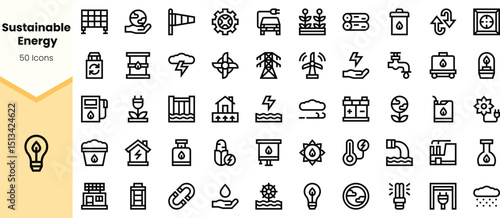 A collection of sustainable energy icons, featuring themes such as renewable resources, energy efficiency, and eco-friendly practices in a clean, minimalist design.