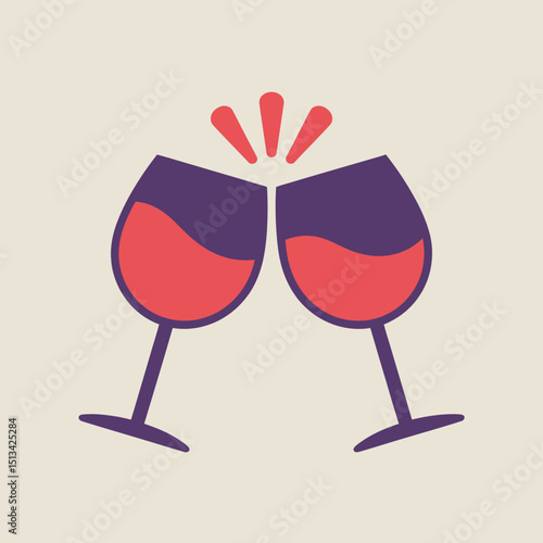 Minimalist Illustration of Two Wine Glasses Clinking Together in Celebration, Symbolizing Party, Toast, and Festive Social Gathering in a Modern Graphic Style
