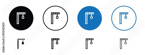 Set of colored pixel perfect gallows icon with 1 unexpanded, 1 silhouette,  A traditional gallows structure symbol used in historical or justice-related graphics. 