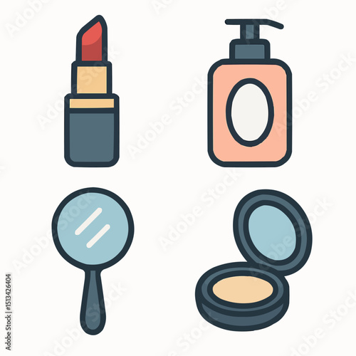 Illustration of lipstick lotion mirror and powder compact on a white background beauty products shown