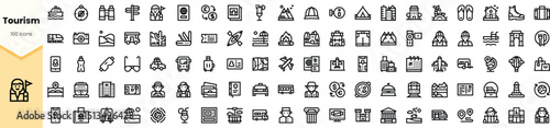 A diverse collection of line icons representing various aspects of tourism, showcasing essential travel elements and cultural landmarks in a minimalistic design.