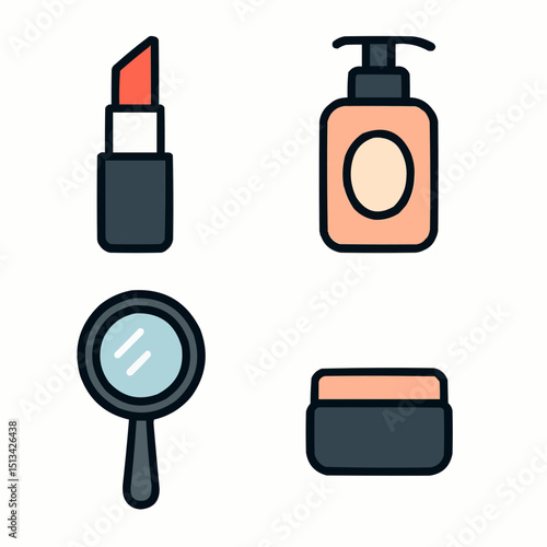 Illustration of beauty products including lipstick lotion mirror and a cream container item set up nicely