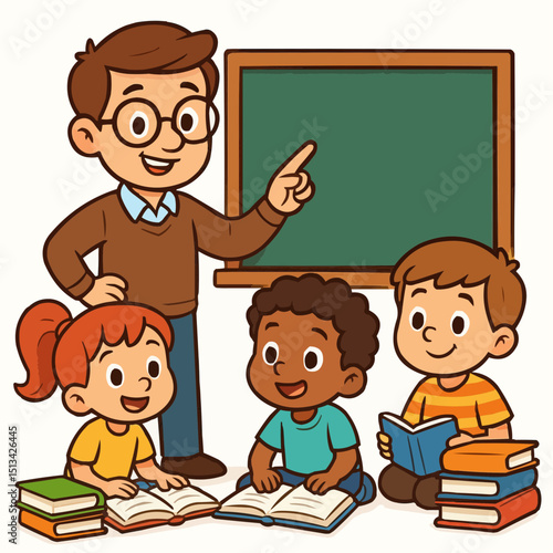 Cartoon illustration of a teacher with glasses teaching children near a chalkboard with books around them
