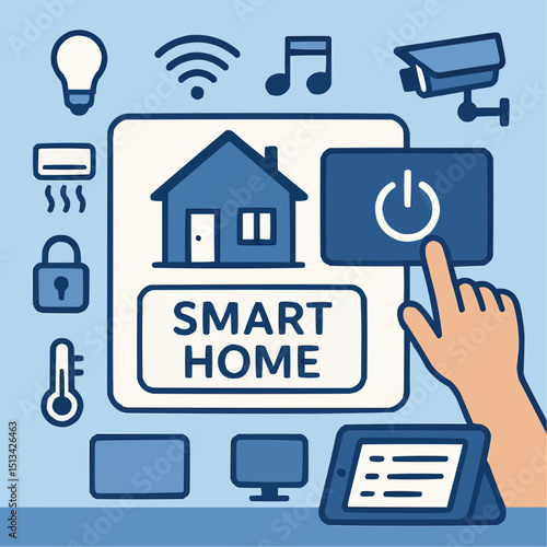 Illustration of a smart home system with various connected devices and a hand interacting with it
