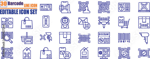 Scan barcode icon outline collection . Scanning code process symbol. Cashless mobile payment signs. payment, shopping, secure, money, barcode, purchase code scanning, mobile phone scanner vector illus