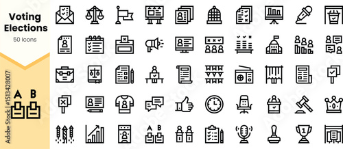 A collection of thin line icons representing voting and elections, including ballots, polls, trophies, and voting booths, suitable for election-themed projects.