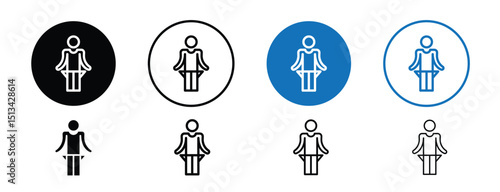 Set of colored pixel perfect poor person empty pockets icon with 1 unexpanded, 1 silhouette,  A person turning out empty pockets to represent poverty or no money. 
