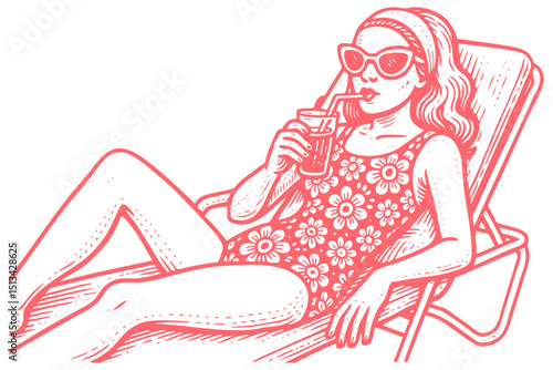 Retro engraving vector: stylish young woman in sunglasses & floral swimsuit, relaxing on a lounge chair, sipping a cocktail. Summer vacation vibe.
