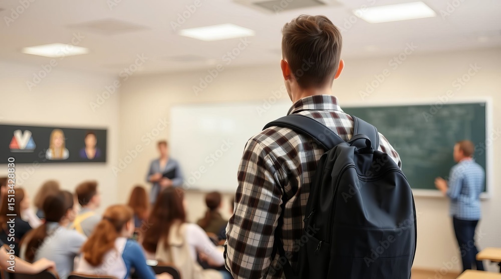 Obraz premium The student in the brown checkered shirt was late for class because he overslept