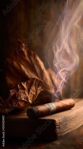 A lit cigar with rising smoke, resting on a wooden surface with an old leaf in the background.
