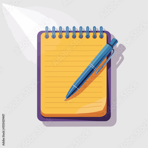 Yellow Spiral Notepad with Blue Pen on Top, Ready for Writing and Note Taking in Office, Study, or Business Environment