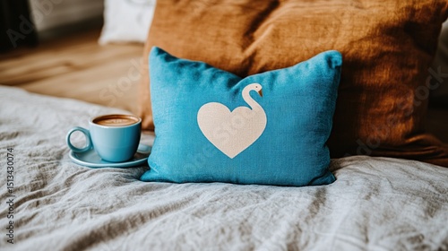 Fototapeta Naklejka Na Ścianę i Meble -  Blue swan pillow, coffee, bedroom, morning calm, blog