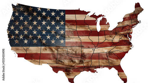 Distressed wooden USA map, patriotic wall art, vintage flag states, red white blue retro home decor, isolated on transparent background.