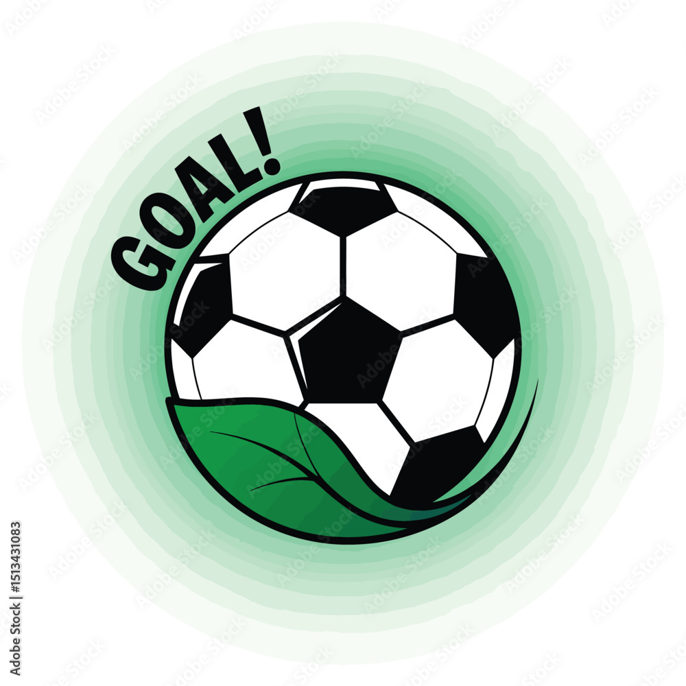 Obraz premium Classic Soccer Ball with Green Leaf and 'Goal!' Text, Ideal for Eco-Friendly Sports Campaigns and Sustainable Soccer Programs