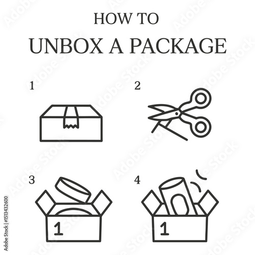 Unboxing a gift step by step instructions with simple line