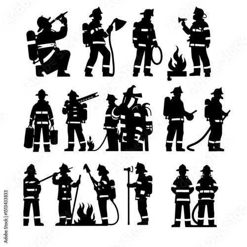 set of a firefighter silhouette ,firefighter silhouette