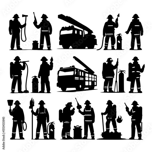 set of a firefighter silhouette ,firefighter silhouette