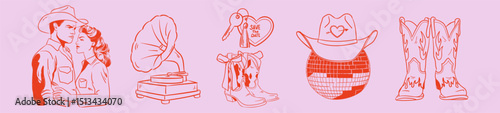 Vintage Western Romantic Set. Wild West hand drawn illustration with cowgirl and cowboy, disco ball, cowboy boots with bow. American retro doodle sketch for girly party, invitation.