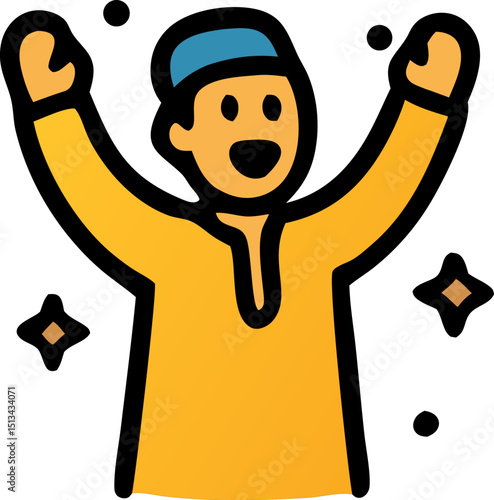 Joyful Muslim Man: An excited muslim man with his arms raised, celebrates with sparkling star accents on either side, conveying elation and spirituality.