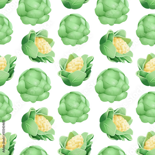 Seamless pattern with green cabbage and cauliflower heads on a clean white background in cartoon style