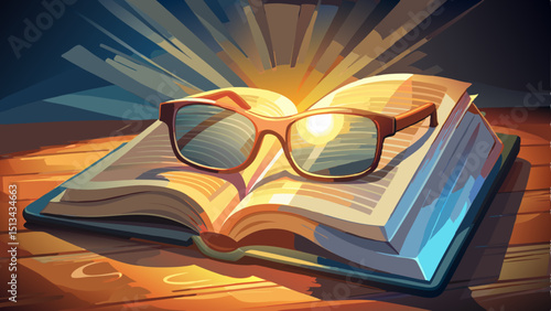 Classic reading glasses rest gently on an open book page, sunlight casting a soft glow across paper and lens, symbolizing wisdom, knowledge, and the quiet beauty of focused thought.