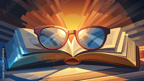Classic reading glasses rest gently on an open book page, sunlight casting a soft glow across paper and lens, symbolizing wisdom, knowledge, and the quiet beauty of focused thought.