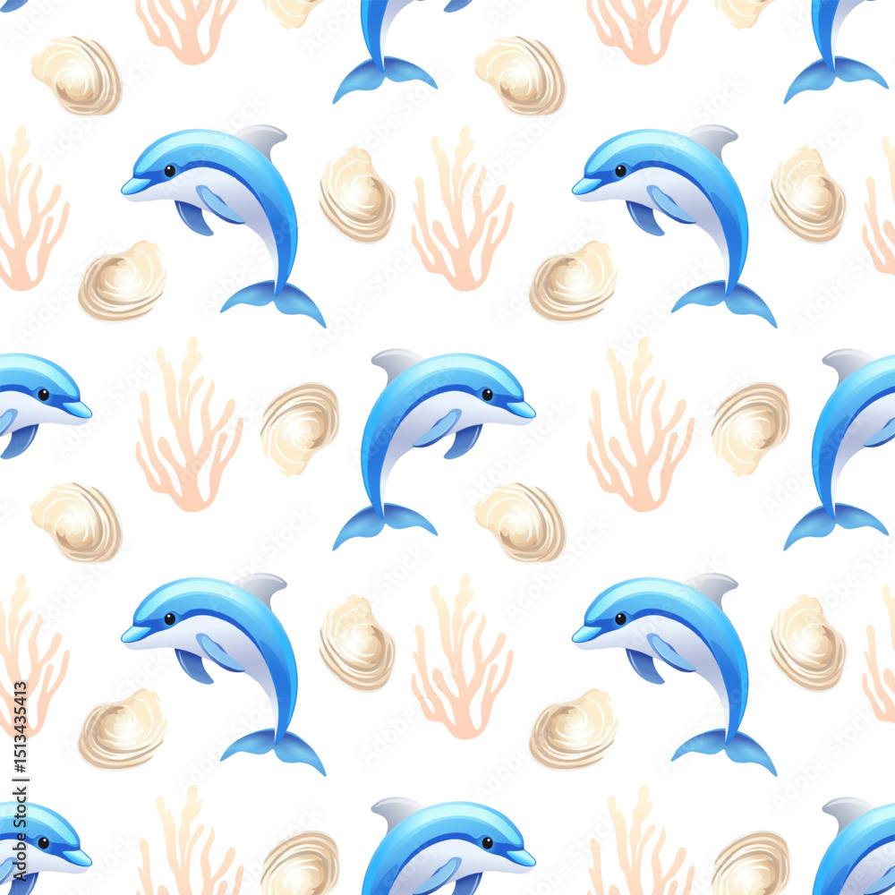 Naklejka premium Seamless marine-themed pattern with blue dolphins, coral branches, and seashells on white background