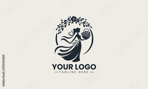 Minimalist black silhouette of woman with flower basket on head symbolizing beauty and nature vector logo design