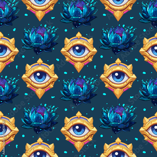 Seamless pattern with glowing golden all-seeing eyes and mystical lotus flowers on a dark teal background