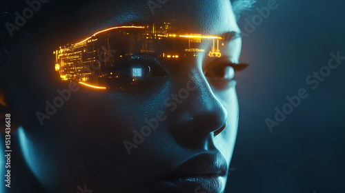 Cinematic close-up of a meta human with AI processor glowing through the forehead, surrounded by cool ambient light 