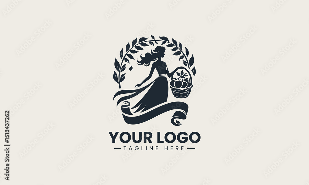 Elegant female silhouette holding fruit basket above head symbolizing nature and harvest vector logo design Elegant female silhouette holding fruit basket above head symbolizing nature and harvest vector logo design
