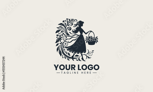 Elegant female silhouette holding fruit basket above head symbolizing nature and harvest vector logo design