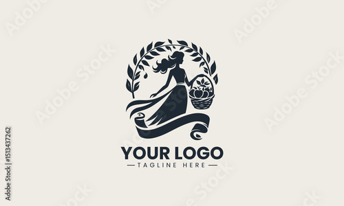 Elegant female silhouette holding fruit basket above head symbolizing nature and harvest vector logo design