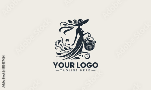 Black silhouette of a graceful woman carrying a fruit basket on her head in traditional style vector logo design