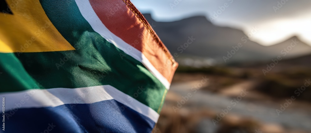 Fototapeta premium Closeup of South African flag waving proudly outdoors against a blurred mountain landscape, symbolizing national pride, heritage, and patriotism