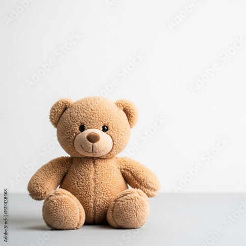 Adorable plush teddy bear sitting alone on a soft grey background. Childhood, parenting or baby care concept with ample copy space