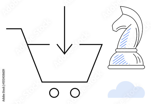 Shopping cart with downward arrow, chess knight symbolizing strategy, and cloud indicating online services. Ideal for shopping, strategy, e-commerce, decision-making, planning, cloud computing