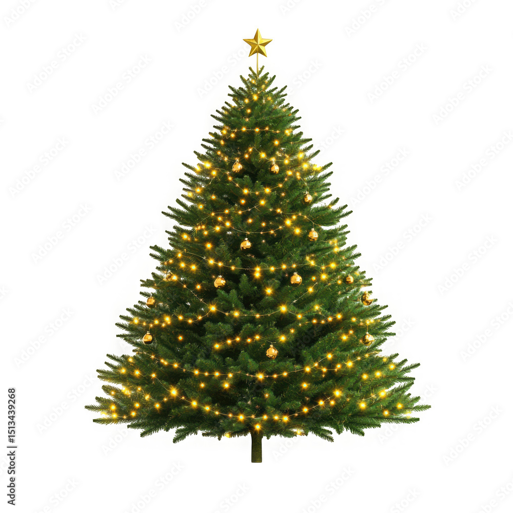 Decorated christmas tree with lights and ornaments isolated on transparent background Decorated christmas tree with lights and ornaments isolated on transparent background