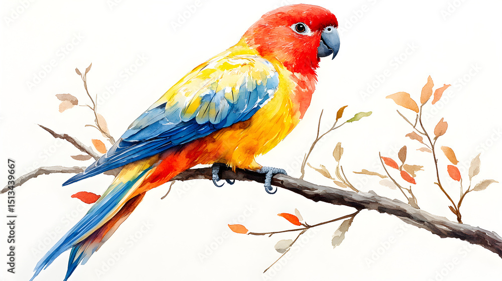 Obraz premium Watercolor painting of a vibrant parrot perched on a branch with autumn leaves.