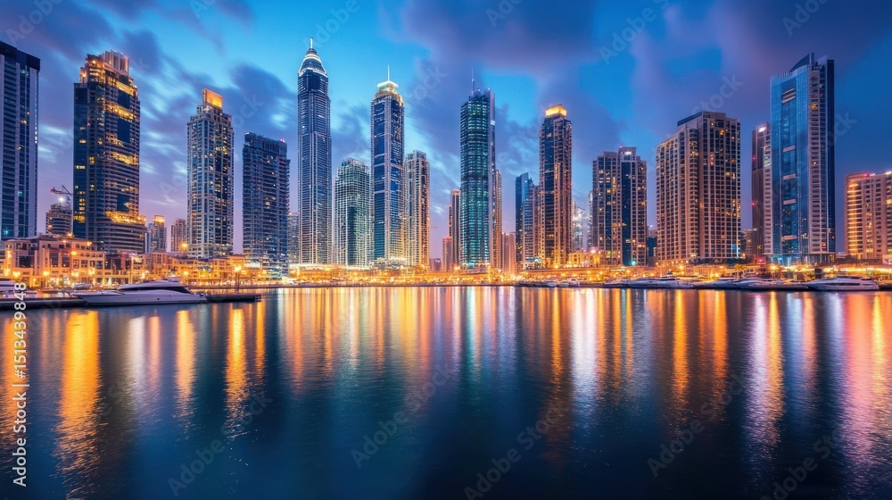 Fototapeta premium Magnificent Dubai cityscape reflected in shimmering waters at twilight hour