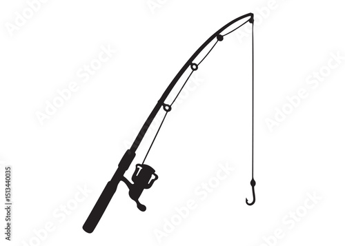 Silhouette fishing rod logo vector design, fishing rod logo icon silhouette, fishing rod vector silhouette illustration design, fishing hook and fishing rod icon silhouette  logo on white background